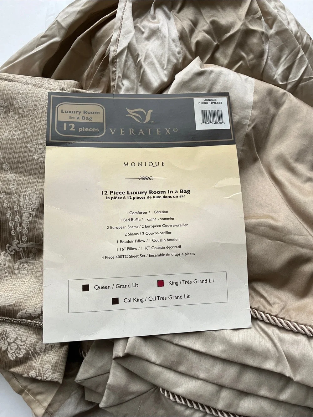 King Size Bed Skirt 4 Pillow Shams Vintage 5 Pieces Taupe Monique Luxury NWOT